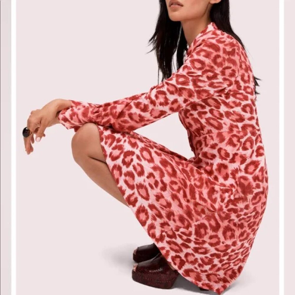 KATE SPADE NEW YORK Panthera Shirtdress in Pink + Red Leopard Print Size 2 NWOT